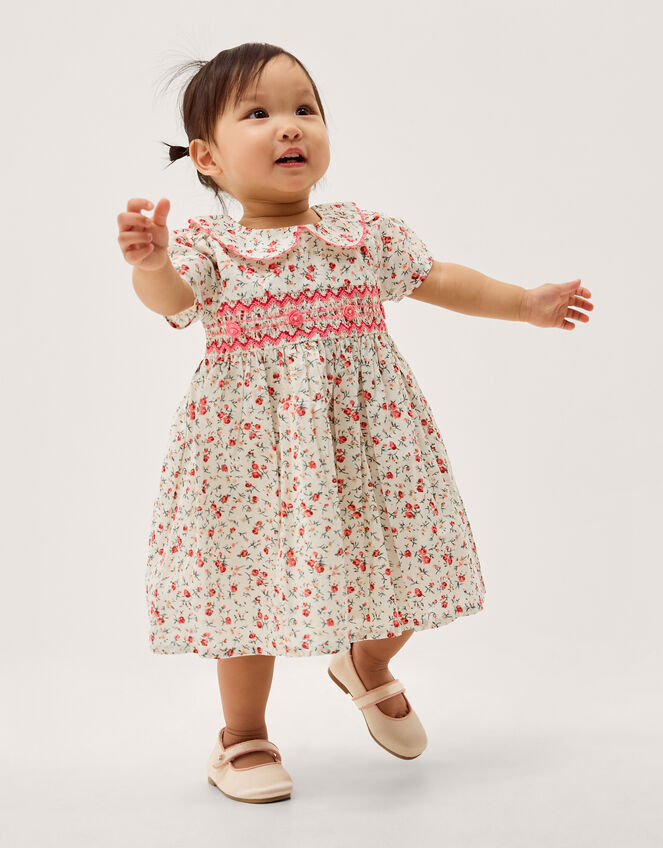 Baby Rose Smocked Dress & Knickers Set, Ivory (IVORY), large