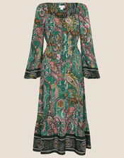 Elaina Paisley Square Neck Tie Dress, Green (GREEN), large
