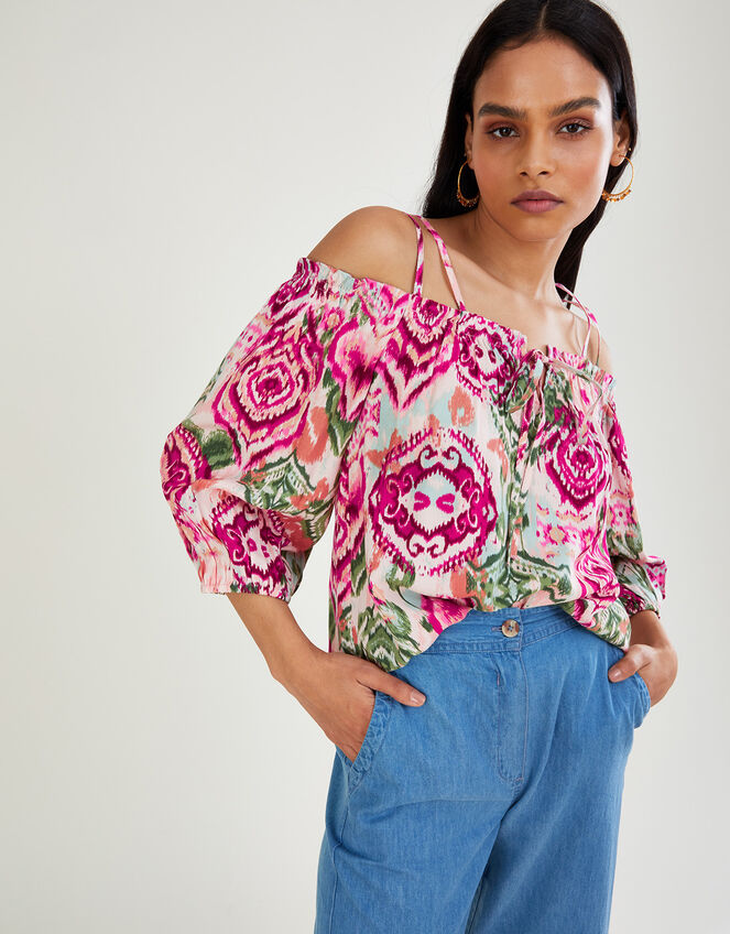 Bardot Ikat Print Top in LENZING™ ECOVERO™, Pink (PINK), large