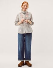 Hettie Embroidered Shirred Stripe Shirt, Black (BLACK), large