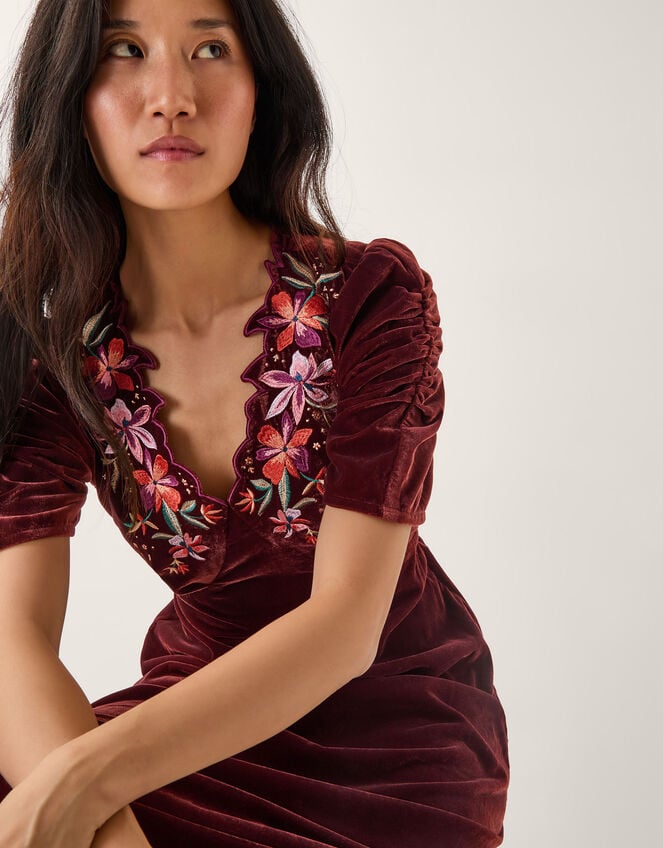 Josie Floral Embroidered Velvet Midi Dress, Copper (COPPER), large