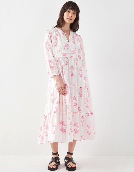 East Millie Hand-Screen Floral Print Midi Dress, Pink (PINK), large