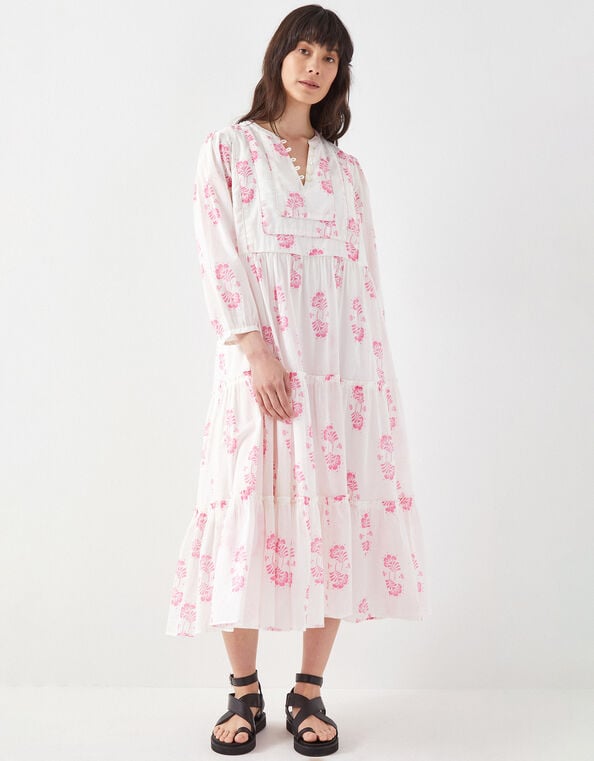 East Millie Hand-Screen Floral Print Midi Dress, Pink (PINK), large