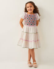 Crochet Broderie Puff-Sleeve Dress, Ivory (IVORY), large