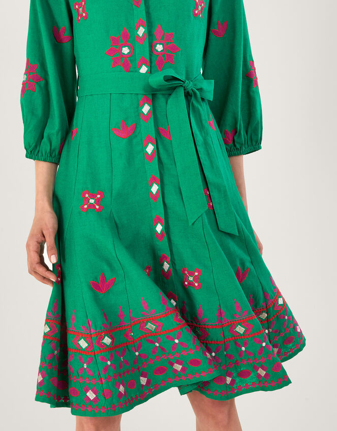 Embroidered Shirt Dress in Linen Blend, Green (GREEN), large