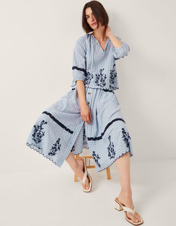 Cara Embroidered Stripe Midi Skirt, Blue (BLUE), large