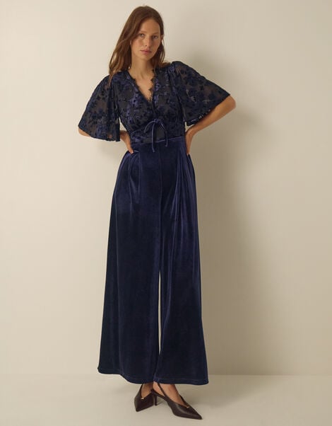 Nadine Floral Devor&eacute; Velvet Jumpsuit, Blue (NAVY), large