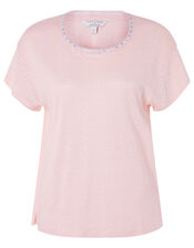 Embroidered Neck T-Shirt in Pure Linen, Pink (BLUSH), large