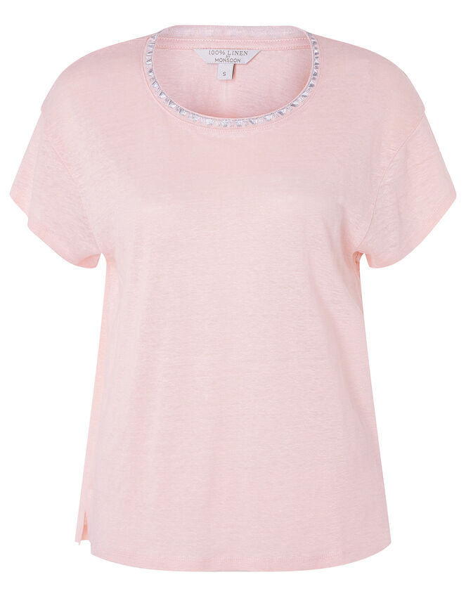 Embroidered Neck T-Shirt in Pure Linen, Pink (BLUSH), large