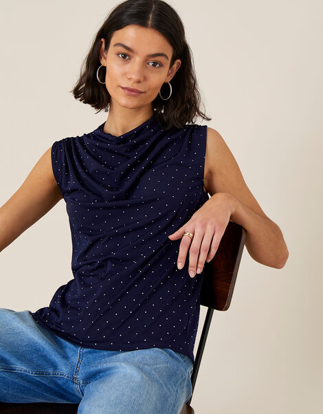 Tess Spot Print Cowl Neck Top Blue, Blue (NAVY), large