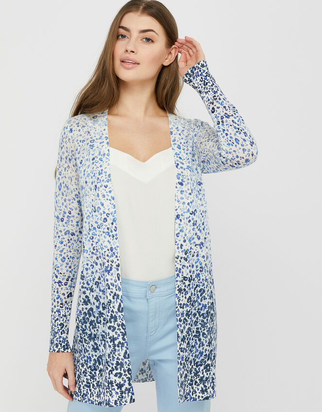 Poppy Floral Longline Cardigan in Linen Blend, Blue (BLUE), large