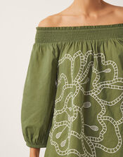 Julie Embroidered Bardot Top, Green (KHAKI), large