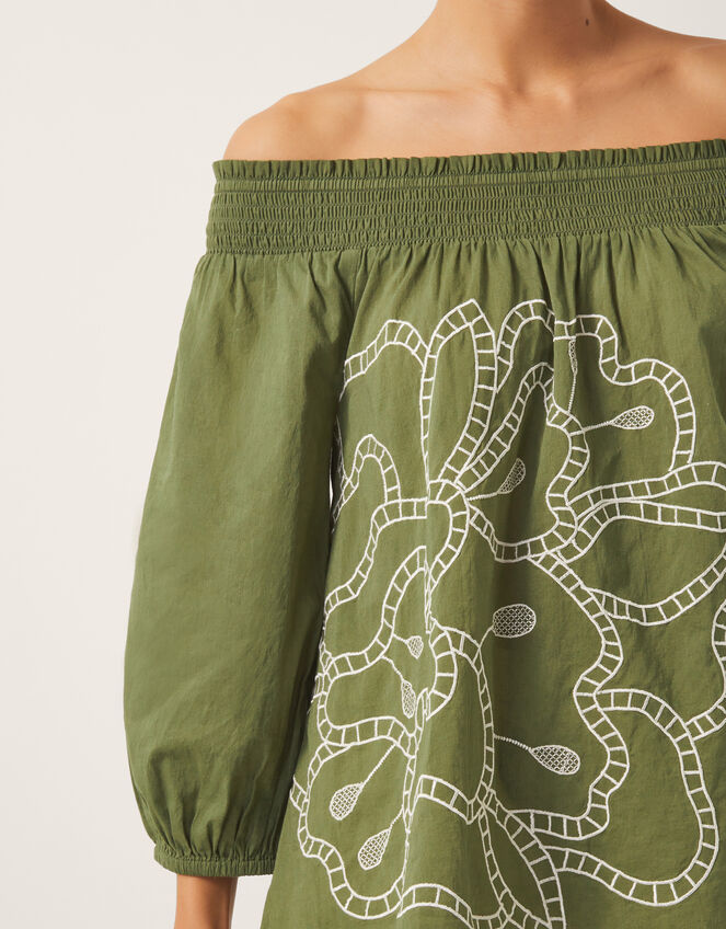 Julie Embroidered Bardot Top, Green (KHAKI), large