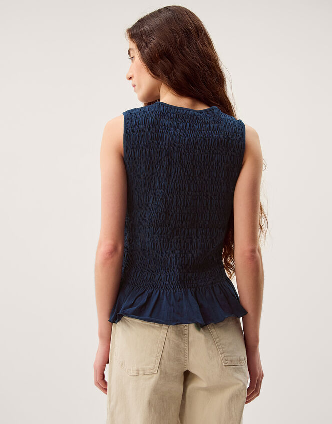 Steff Sleeveless Smocked Jersey Top, Blue (NAVY), large