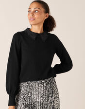 Lace Collar Jumper with Recycled Fabric, Black (BLACK), large