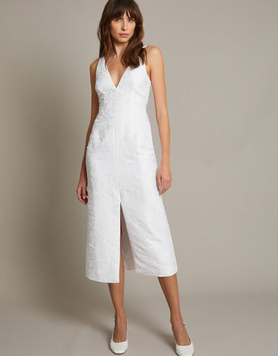 Frida Hand-Beaded Jacquard Pencil Bridal Dress, Ivory (IVORY), large