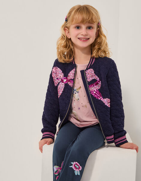Sequin Bow Bomber Jacket, Blue (NAVY), large