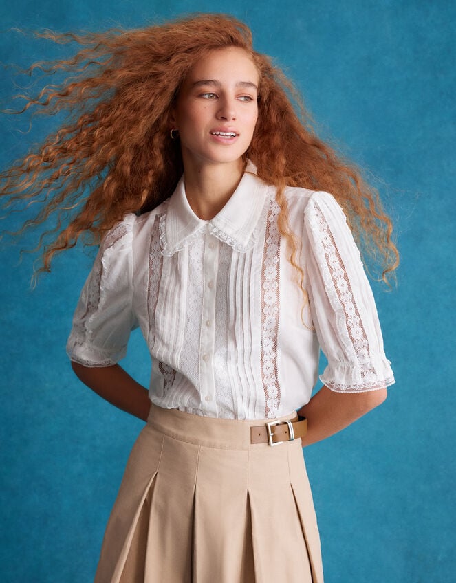 Annette Puff Sleeve Lace Shirt, White (WHITE), large