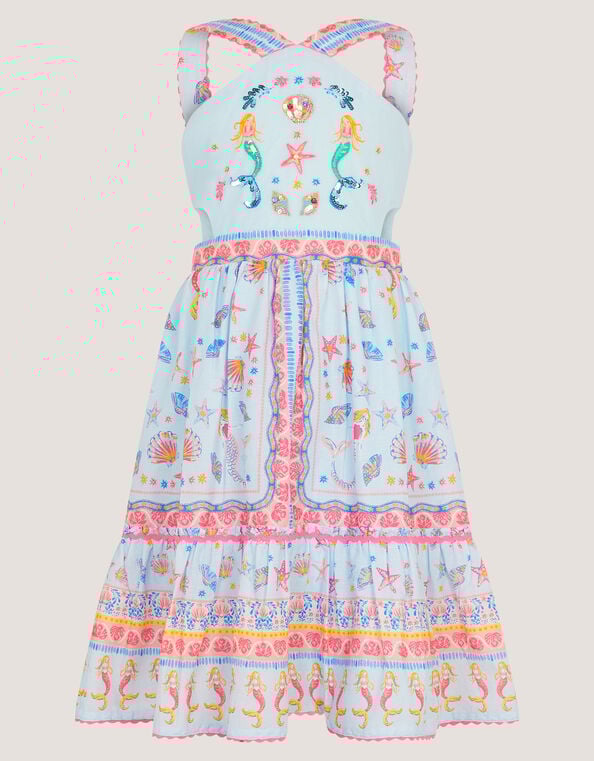 Mermaid Print Halter Dress, Blue (BLUE), large