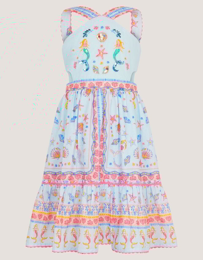 Mermaid Print Halter Dress, Blue (BLUE), large