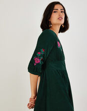 Embroidered Corduroy Tiered Midi Dress, Green (GREEN), large