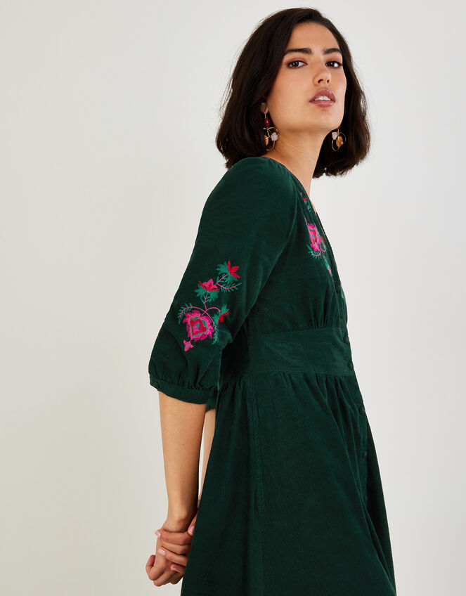 Embroidered Corduroy Tiered Midi Dress, Green (GREEN), large