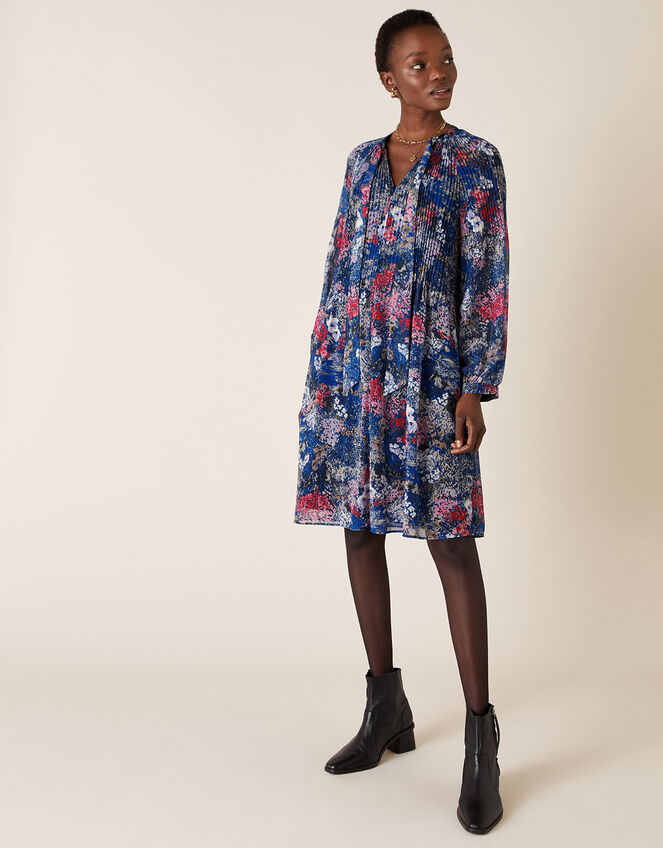 Floral Pleated Short Dress, Blue (NAVY), large