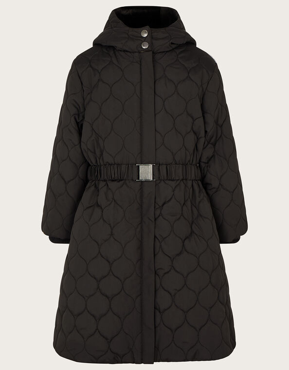 Quilted Belted Longline Coat with Hood, Black (BLACK), large