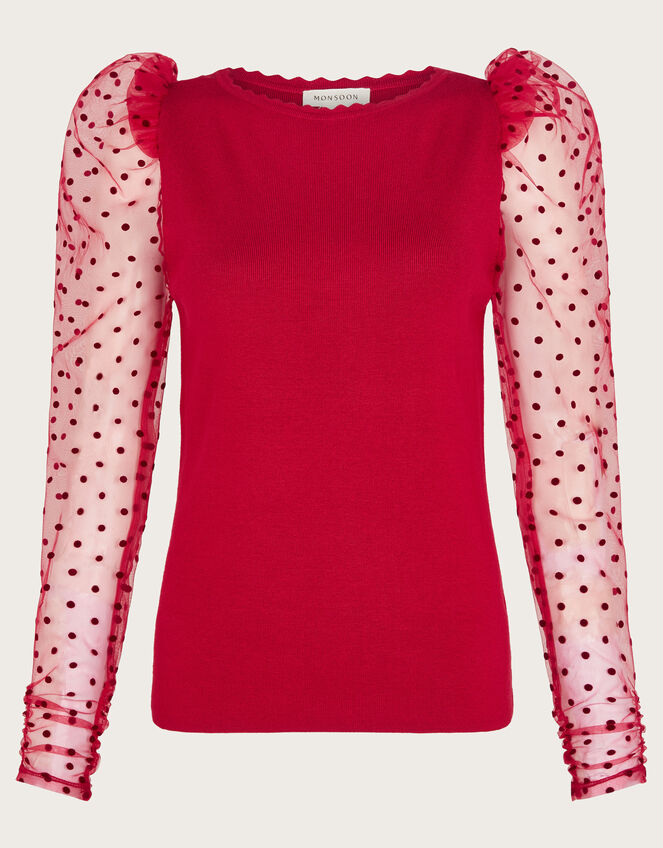 Mimi Polka Dot Sleeve Jumper, Red (RED), large