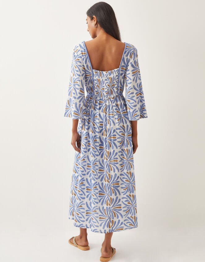 Cece V-Neck Woodblock Print Midi Dress, Blue (BLUE), large