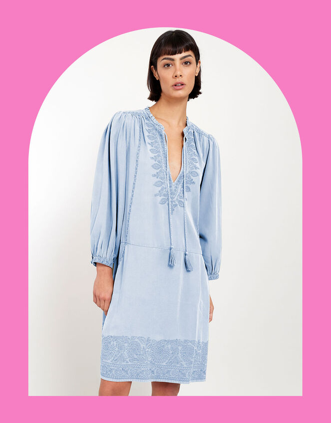 East Embroidered Long Sleeve Dress, Blue (BLUE), large