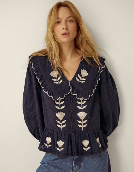 Talia Oversized Collar Tulip Top, Blue (NAVY), large
