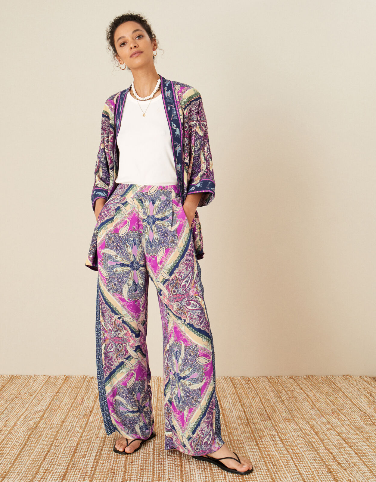 Paisley Tile Print Wide Leg Trousers Pink