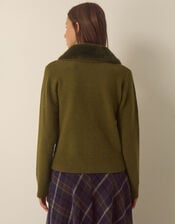 Flo Faux Fur Collar Cardigan, Green (KHAKI), large