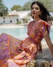 Piti Cuiti Flutter Floral Print Maxi Dress, Orange (ORANGE), large