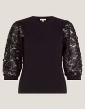 Flavia Sheer Appliqué Sleeve Top, Black (BLACK), large