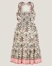 Palm Print Embellished Halter Dress, Ivory (IVORY), large