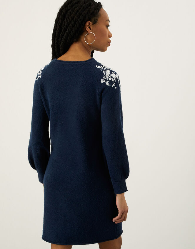 Floral Embroidered Yoke Dress with Recycled Polyester, Blue (NAVY), large