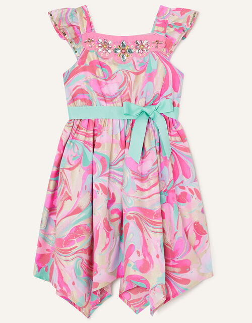 Monsoon Swirl Print Jewel Neckline Dress in Recycled Polyester Pink