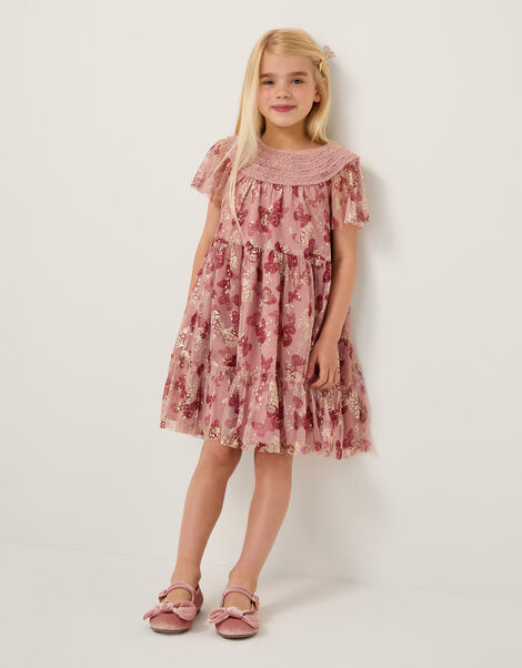 Butterfly Foil Print Party Dress, Pink (PINK), large