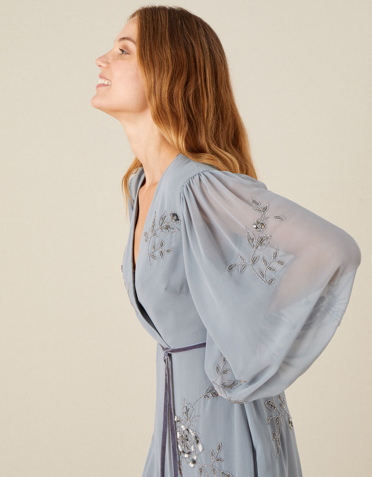 Gracie Embroidered Wrap Dress in Recycled Fabric Grey