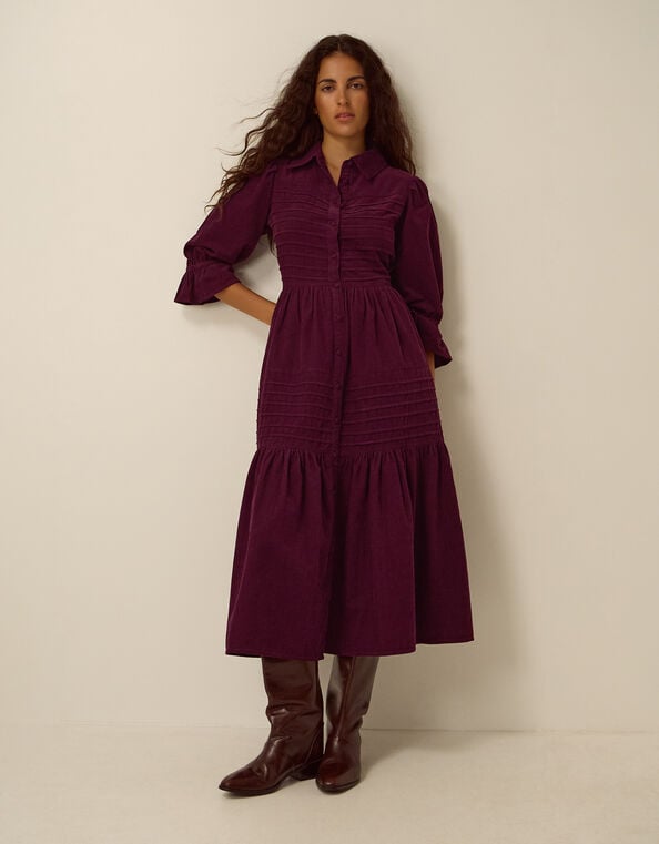 Winnie Corduroy Midi Shirt Dress, Red (BURGUNDY), large