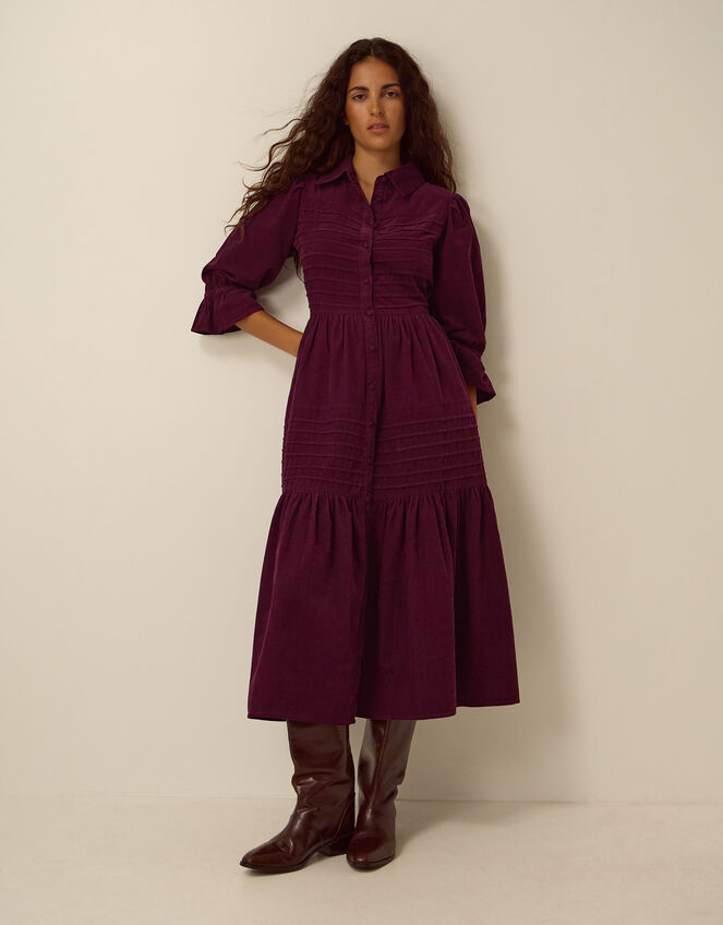 Winnie Corduroy Midi Shirt Dress, Red (BURGUNDY), large