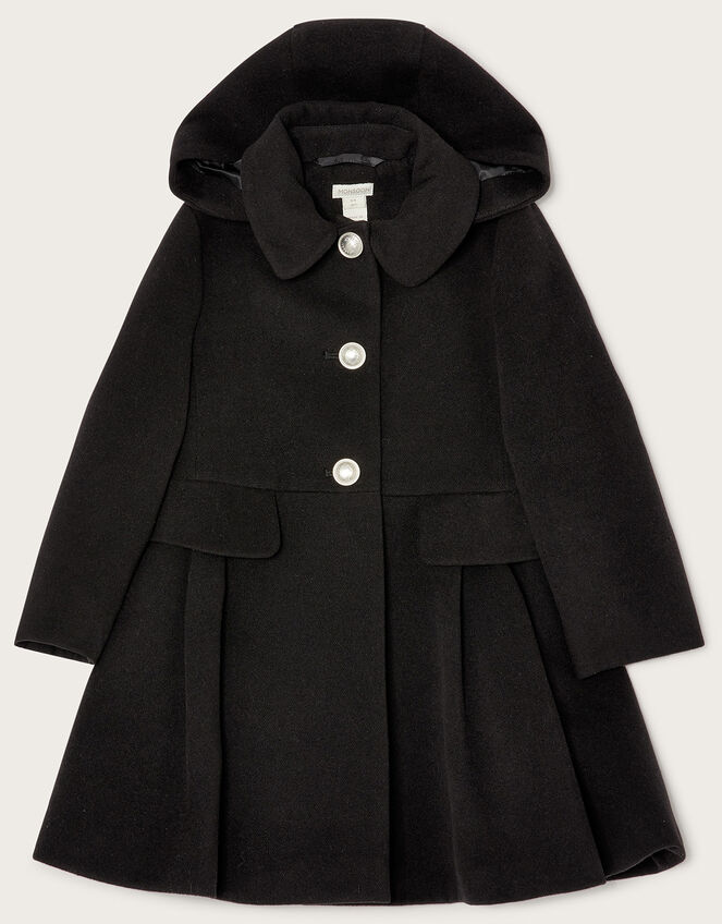 Pocket Detail Pleated Hooded Coat, Black (BLACK), large
