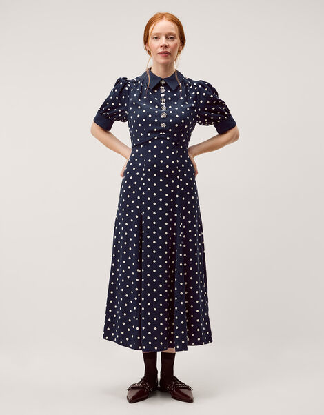 Kate Puff Sleeve Polka Dot Midi Dress, Blue (NAVY), large