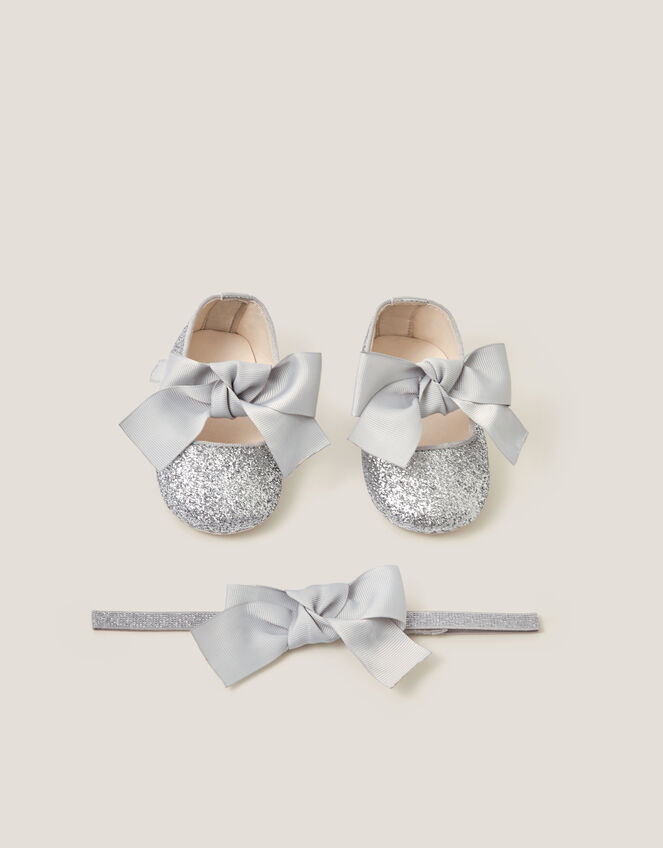 Baby Bow Glitter Headband & Booties Set, Silver (SILVER), large