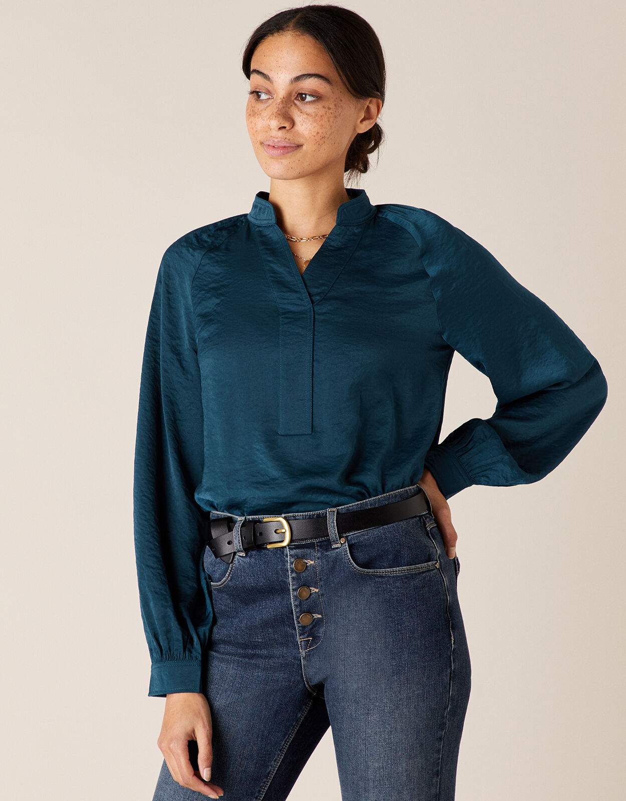 teal satin blouse