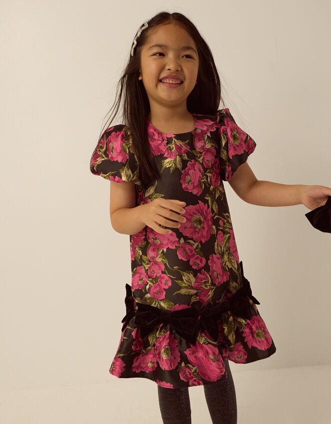 Monsoon x Queens of Archive Nancy Velvet Bow Floral Jacquard Party Dress​, Multi (MULTI), large