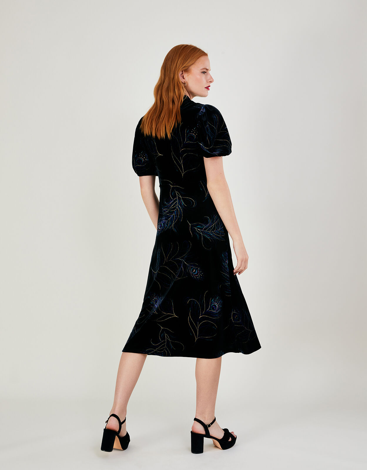 Fleur Feather Print Velvet Midi Dress Black Midi Dresses