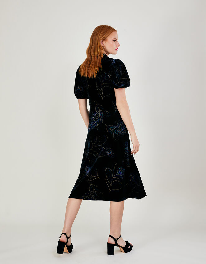 Fleur Feather Print Velvet Midi Dress	, Black (BLACK), large